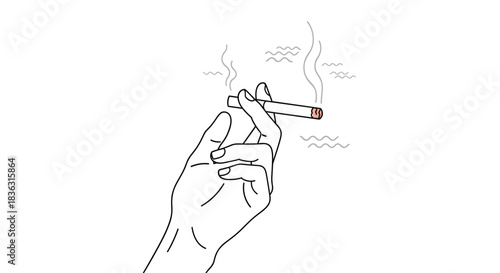 An elegant, minimalist line drawing captures a hand holding a lit cigarette, with subtle wavy lines and smoke indicating its presence.