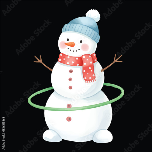 Cute Snowman Hula Hoop Watercolor, Isolated on Black Background, Vector Illustration

