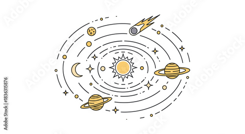 Simple line art illustration of the solar system featuring the sun, various planets, a crescent moon, and a comet in orbit.