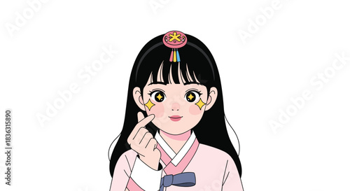 Cute cartoon illustration of a cheerful Korean girl wearing a pink hanbok, making a finger heart, with sparkling eyes and rosy cheeks.