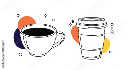 A simple line art illustration showing a ceramic coffee cup and a disposable to-go cup, complemented by abstract shapes.