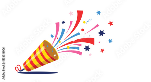 A festive party popper explodes with vibrant confetti and stars, scattering joyous celebration across a bright background.