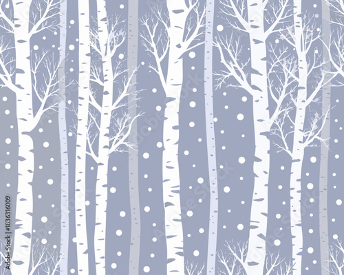 A winter forest of birch trees covered in gentle snowfall patterns