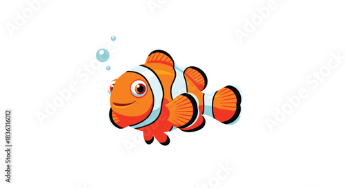 A cute and friendly cartoon clownfish with vibrant orange, white, and black stripes smiles cheerfully while swimming, isolated on a white background.