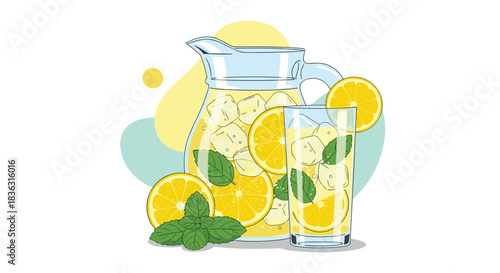 Freshly made lemonade with lemon slices, mint, and ice cubes in a glass pitcher and tall drinking glass, against a clean white background.