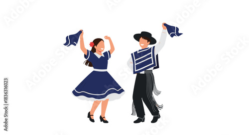 Happy man and woman in traditional South American folk costumes dancing together, waving handkerchiefs in celebration.