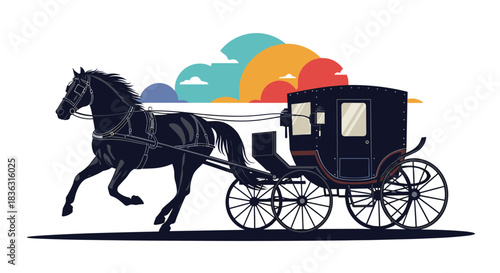 A sleek black horse in harness pulls a classic vintage carriage, creating a dynamic scene against a backdrop of stylized colorful clouds.
