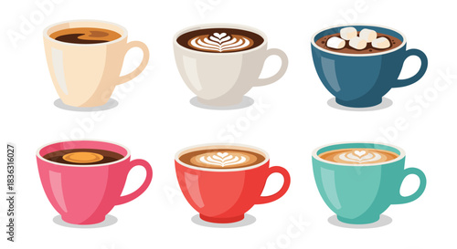 A vibrant set of six stylized hot beverage cups, featuring black coffee, lattes with foam art, and hot chocolate with marshmallows.