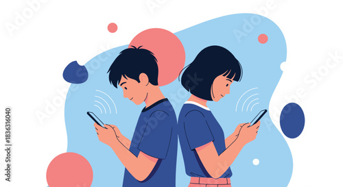 Young people standing back-to-back, focused on their smartphones, illustrating digital communication and social media engagement.