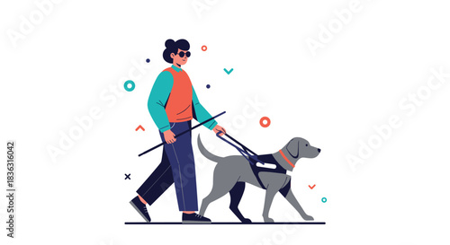 A visually impaired person walks independently with the aid of a guide dog wearing a harness and holding a white cane.