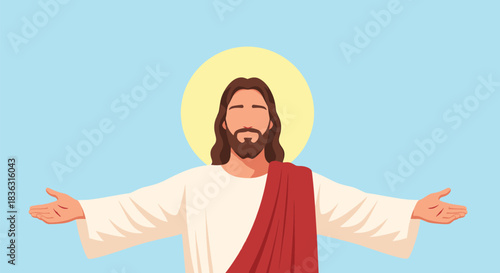 Illustration of Jesus Christ with a halo and outstretched arms, offering a welcoming or blessing gesture against a serene blue background.