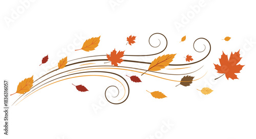 Autumn leaves in warm fall colors are carried by a gentle breeze, creating a dynamic and scenic display of nature's seasonal change.