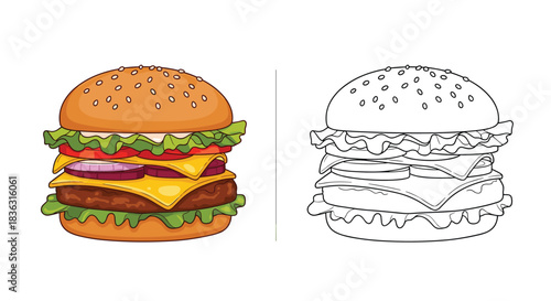 Vibrant cartoon illustration of a double cheeseburger with lettuce, tomato, and onion, presented alongside its black and white line art.