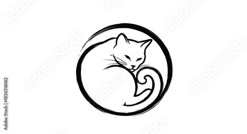 A minimalist black and white ink sketch depicting a serene cat curled up within a circular brush stroke, blending art and nature.