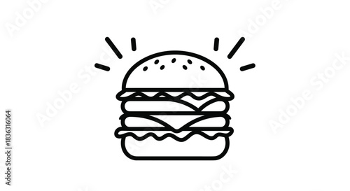 Line art illustration of a delicious double cheeseburger with sesame seeds, radiating lines emphasizing its fresh appeal and taste.