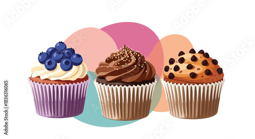 An appealing illustration of three sweet baked treats: a blueberry cupcake, a chocolate cupcake with sprinkles, and a chocolate chip muffin, on a vibrant abstract background.