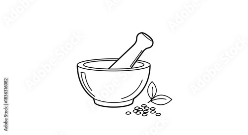 Line art drawing of a mortar and pestle with fresh leaves and scattered seeds, symbolizing natural remedies and culinary preparation.