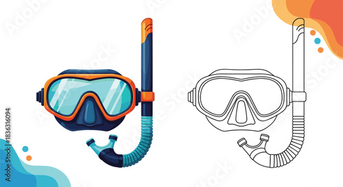 A colorful cartoon illustration of a snorkel and dive mask next to its black-and-white outline for coloring, evoking summer water activities.