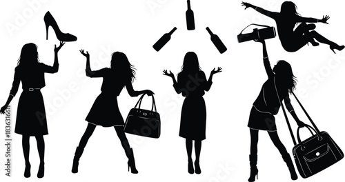 Fashion silhouette women, handbag pose, high heel gesture, bottle chaos, expressive motion, celebration icon, dynamic figure, black illustration, style moment, party vibe, attitude stance
