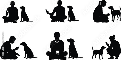 Human dog interaction, silhouette pose, pet companionship, training moment, seated figure, emotional bond, dog behavior, black illustration, calm activity, communication gesture,