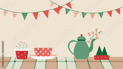A holiday card adorned with vibrant flowers and bunting, celebrating the joy of Christmas with a festive design..eps