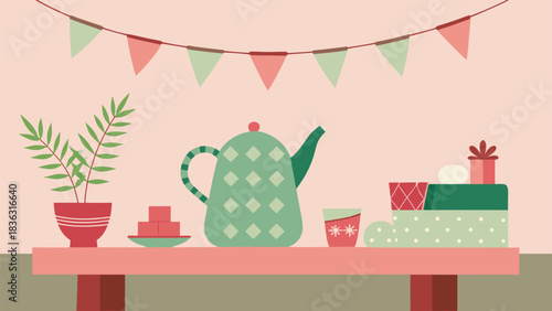 A festive Christmas card featuring colorful flowers and decorative bunting, conveying a cheerful holiday spirit..eps