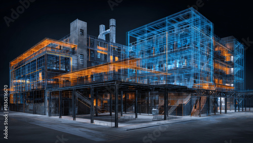 Architectural visualization: digital twin construction model rendered with illuminated blue and orange wireframe detailing, futuristic design
