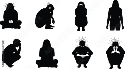 Mental health silhouettes, emotional distress, anxiety posture, stress expression, depression awareness, intense thought, seated figure, contemplation pose, psychological te