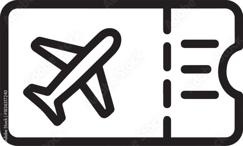 A sleek black and white icon depicts an airplane ticket, representing travel and adventure. The clean lines and bold silhouette evoke a sense of anticipation and the promise of new experiences.