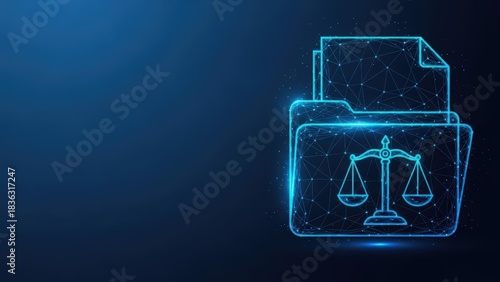 Digital legal document folder with justice scale icon on blue background