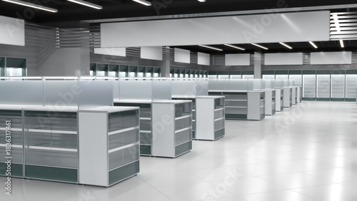 Store interior with showcases with topper and glass doors, slatwall cabinets against the wall and banners. 3d illustration