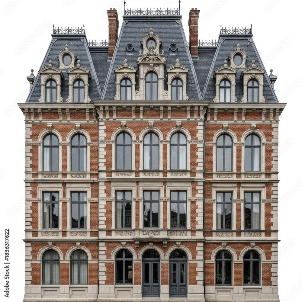 Fototapeta premium Ornate historic european mansion with mansard roof isolated on white background