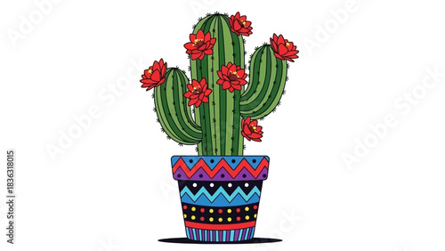 Vibrant green cactus with bright red flowers in a colorful patterned pot, isolated on a white background, cartoon style illustration.