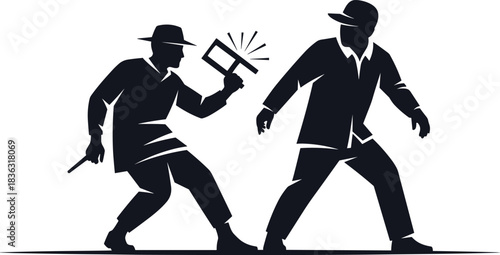 Silhouette interaction, photo capture moment, vintage attire, camera action, emotional reaction, surveillance pose, dynamic gesture, black figure, confrontation scene, storytellin