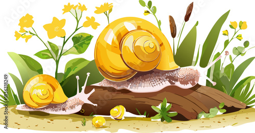 Vector style artwork of two mollusks with radiant golden shells exploring the natural world on a textured log with blooming flowers for educational use.