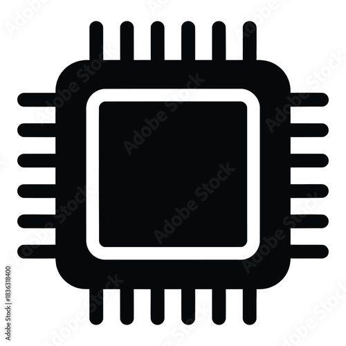 Black and White Microchip Icon with Pins for Electronics Design