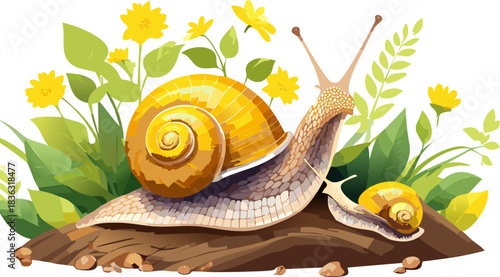 Cheerful garden life illustration showing two snails with bright amber shells crawling together on a tree branch near colorful daisies and seasonal plants.