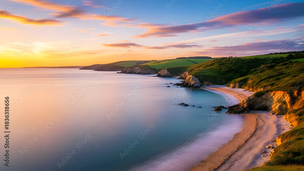 Fototapeta premium Coastal serenity a golden sunset over tranquil beach and cliffs
