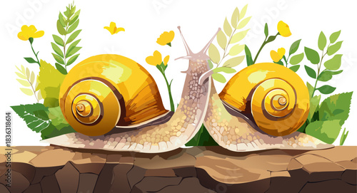 Educational nature scene featuring gastropods with vibrant yellow shells demonstrating slow pace and patience amidst a lush floral environment for young children learning.