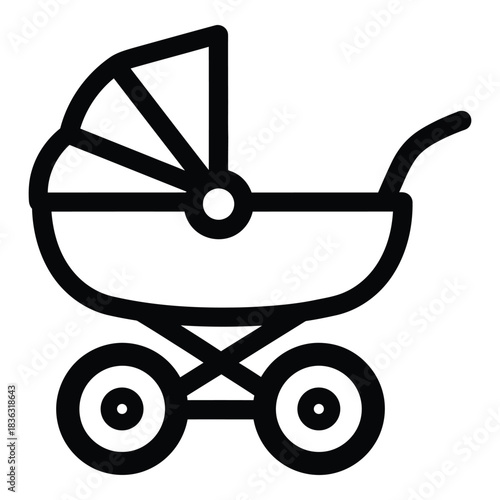 Black line art baby stroller icon in modern simple style