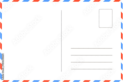 blank postcard template with place for stamp. white paper texture. airmail postcard with red and blue border