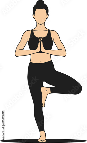 Tree Pose silhouette, yoga balance, Vrikshasana posture, fitness icon, mindful movement, black sportswear, circular mat, strength pose, wellness practice, calm focus, body alignment, meditation
