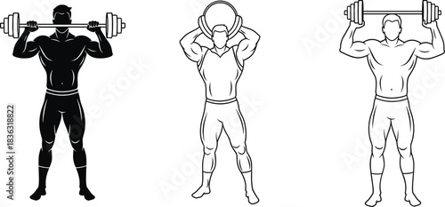 Weightlifting silhouettes, strength training, barbell press, triceps extension, fitness pose, gym workout, muscular figure, exercise form, bodybuilding motion, athletic stance, upper body training