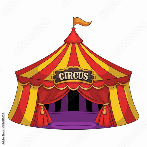 A lively circus tent adorned with traditional red and yellow colors stands proudly, inviting spectators to experience the excitement and magic of the circus world.