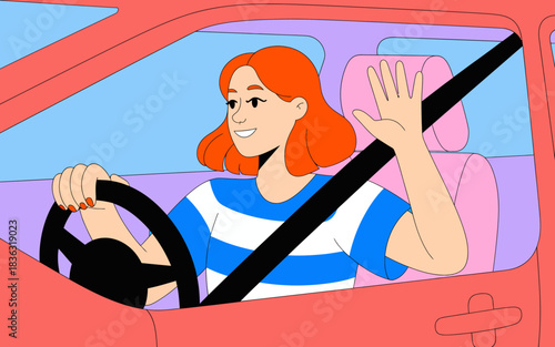 A stylish woman with red hair smiles while driving a car, showcasing a friendly wave, perfectly capturing the joy of travel and everyday adventures on the road.