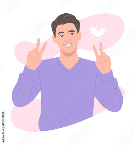 A vibrant illustration of a smiling young man in a purple sweater making peace signs, encapsulating positivity, joy, and youthful energy in a colorful background.