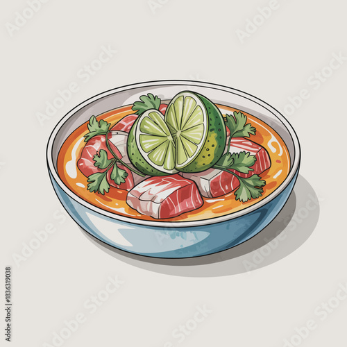 A vibrant bowl of flavorful ingredients featuring fresh meat and herbs, topped with slices of lime, capturing the essence of delicious culinary presentation.