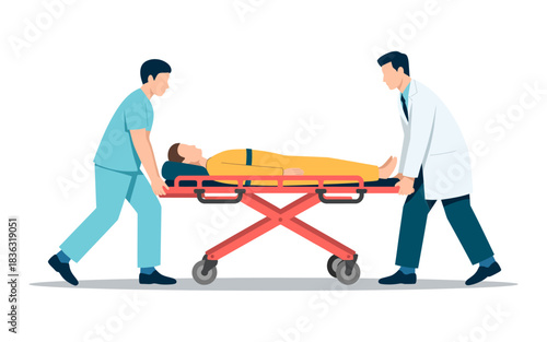 A medical team is transporting an unconscious patient on a stretcher, emphasizing the urgency and care involved in emergency healthcare situations.