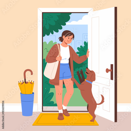 A delighted woman entering her home, greeted happily by her dog, symbolizing companionship, love, and the warmth of returning to a beloved home environment.