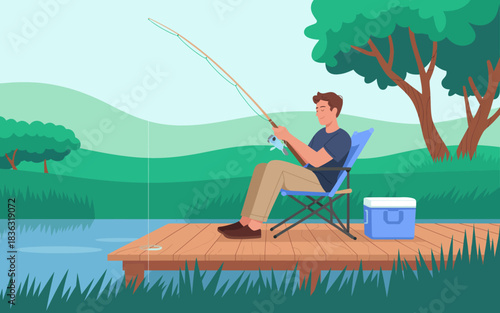This serene illustration captures a man fishing peacefully on a wooden dock by a tranquil lake, surrounded by lush greenery, evoking relaxation and the joy of nature.
